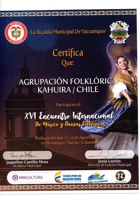 Certificado de la Alcaldía Municipal de Yacuanquer a la Agrupación Folclórica Kahuira